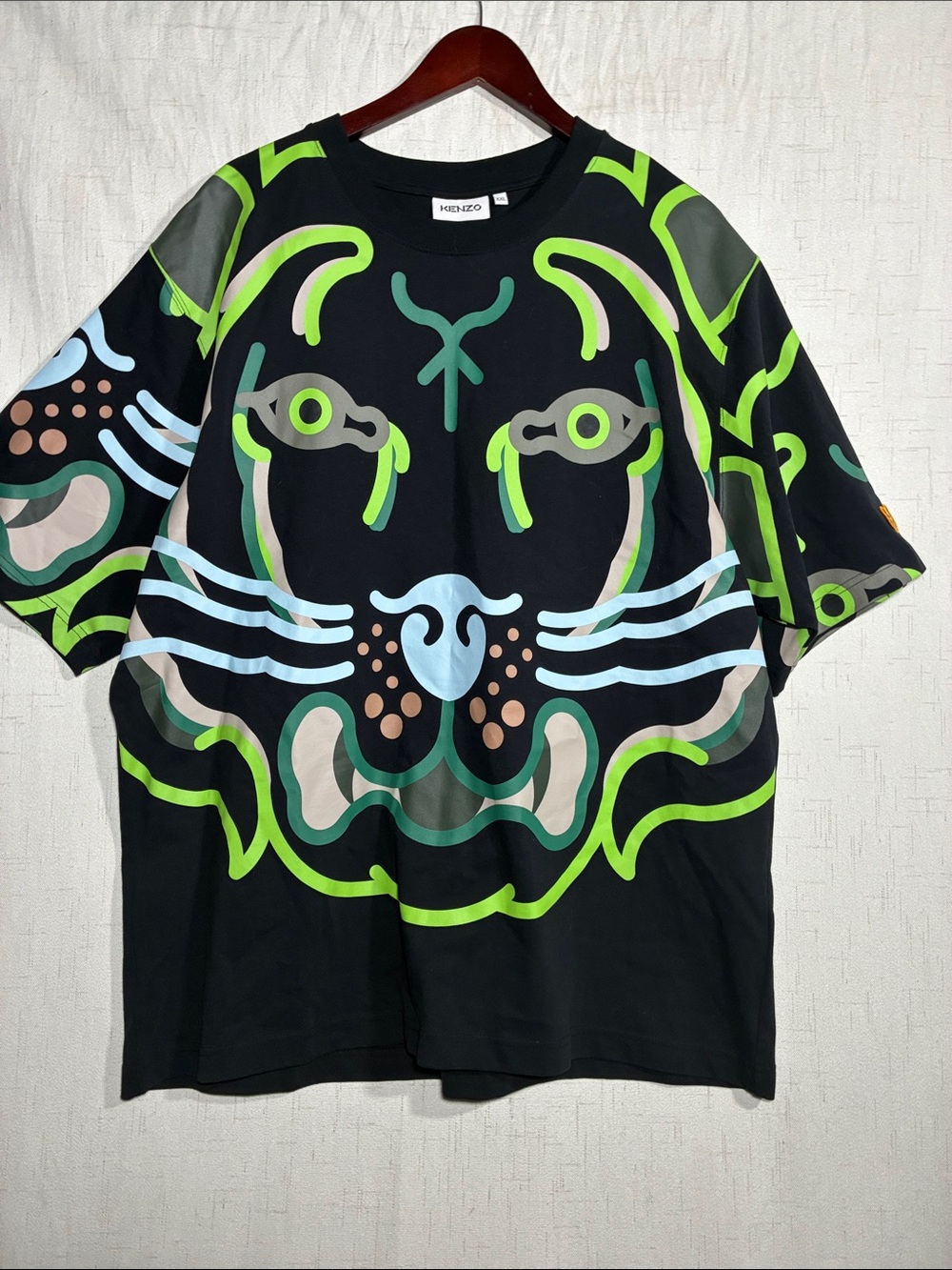 Kenzo Black Short Sleeve Tee with Neon Green & Light Blue Tiger Motif